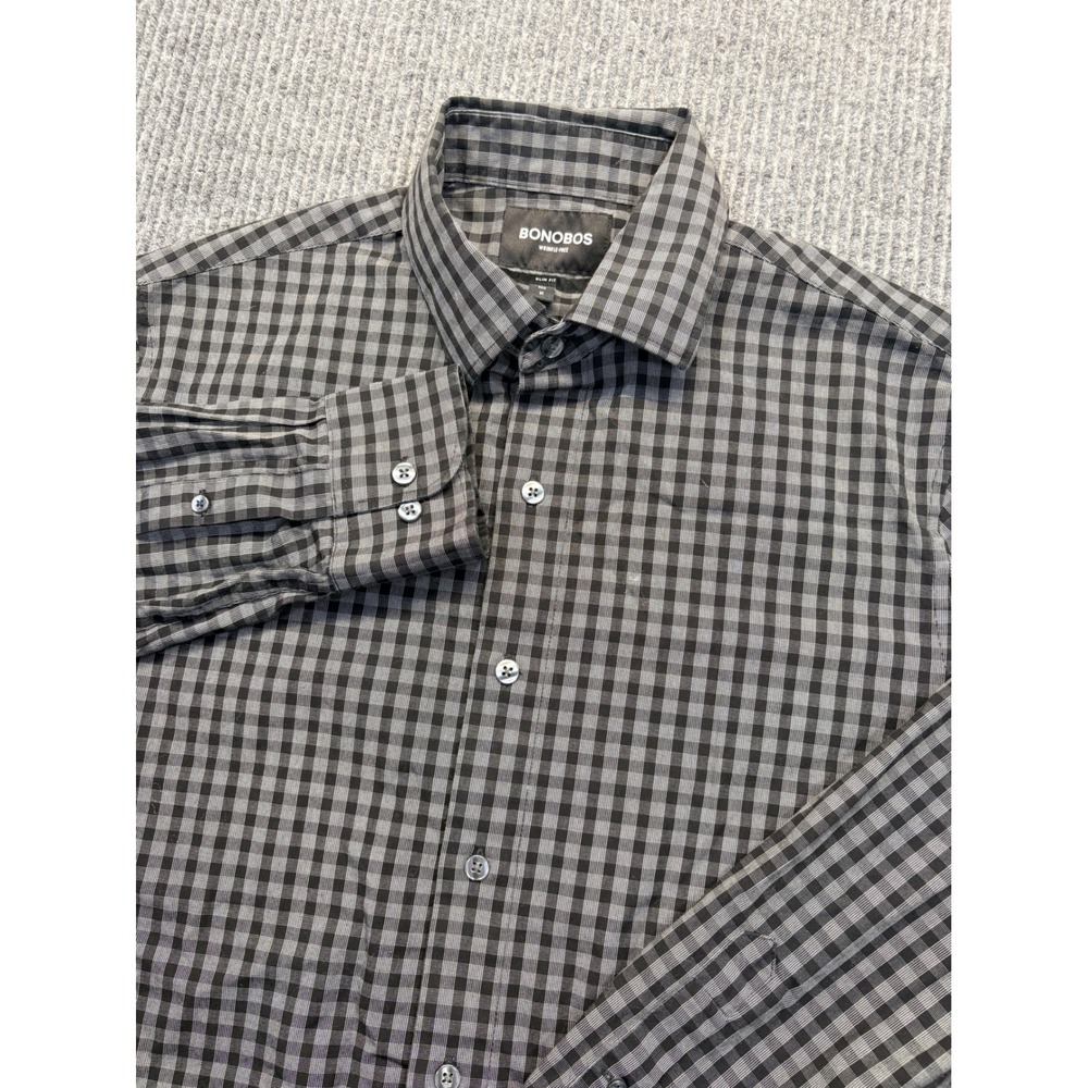 Bonobos Slim Fit Wrinkle Free Gingham Shirt Mens Medium Grey Black Check